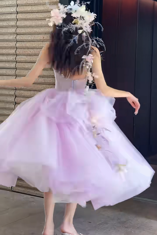 Glittering Strapless Purple Prom Dress Beading Tulle A-Line Evening Dress GG6637