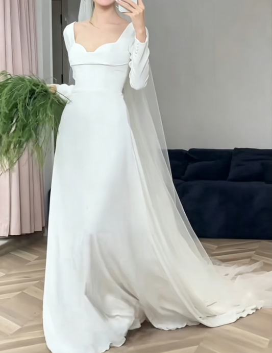 Trendy Sweetheart Neck Wedding Dress Long Sleeve Satin A-Line Bridal Dress GG6639