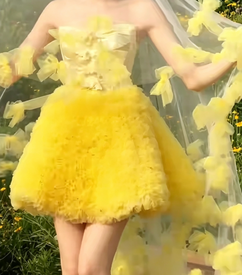 Cute Strapless Yellow Homecoming Dress Bows Tulle A-Line Birthday Dress GG6640