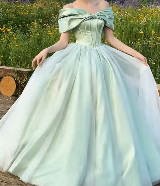 Classical Mint Green Prom Dress Off-Shoulder Satin A-Line Evening Dress GG6641