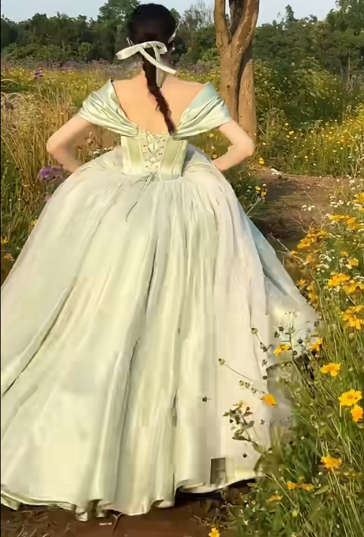 Classical Mint Green Prom Dress Off-Shoulder Satin A-Line Evening Dress GG6641
