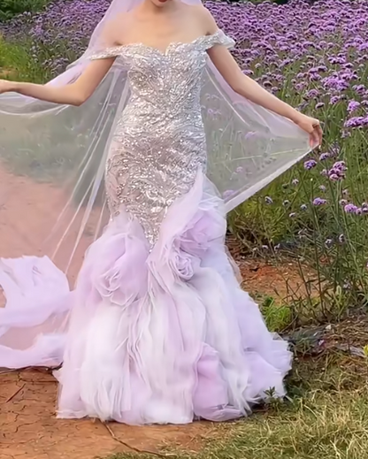 Glamorous Off-Shoulder Purple Prom Dress Tulle Beaded Mermaid Evening Dress GG6642