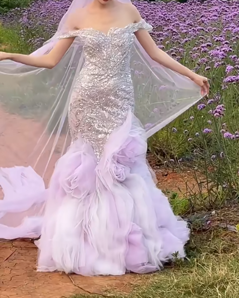 Glamorous Off-Shoulder Purple Prom Dress Tulle Beaded Mermaid Evening Dress GG6642