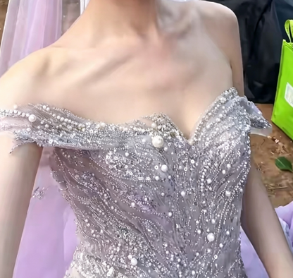 Glamorous Off-Shoulder Purple Prom Dress Tulle Beaded Mermaid Evening Dress GG6642