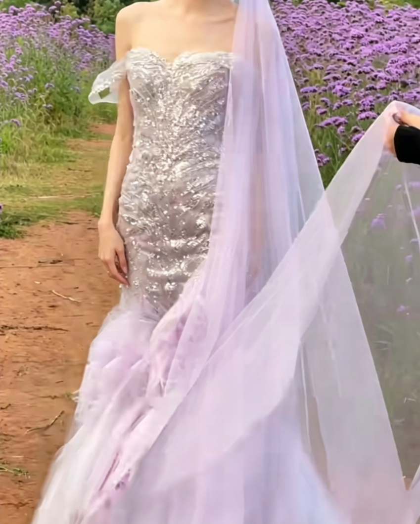 Glamorous Off-Shoulder Purple Prom Dress Tulle Beaded Mermaid Evening Dress GG6642