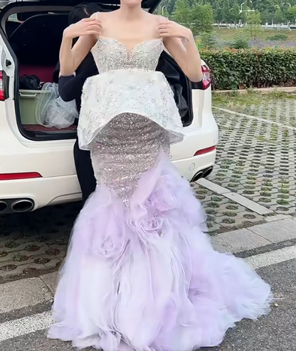 Glamorous Off-Shoulder Purple Prom Dress Tulle Beaded Mermaid Evening Dress GG6642