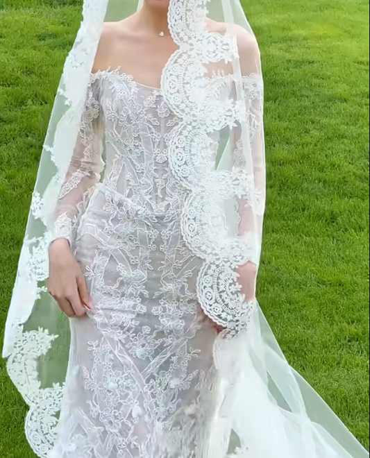 Classical Off-Shoulder Wedding Dress Long Sleeve Lace Mermaid Bridal Dress GG6645