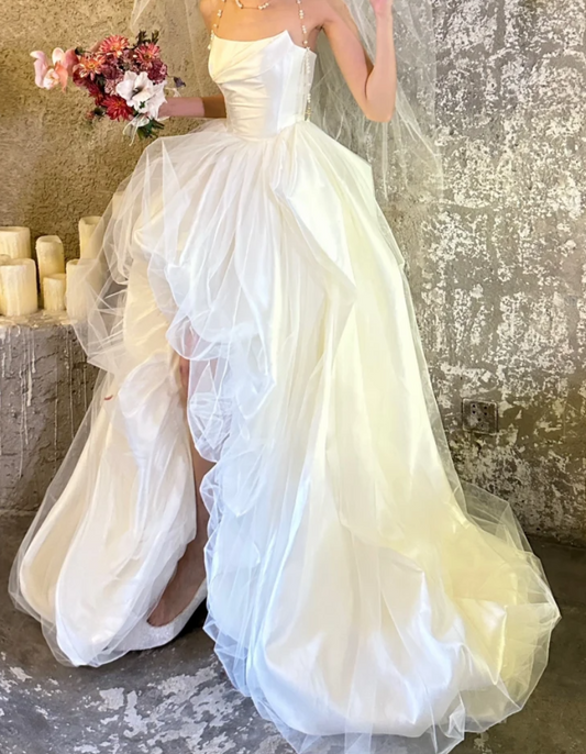 Sleek Strapless Slit Wedding Dress Satin A-Line Bridal Dress GG6648