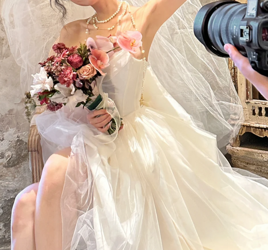 Sleek Strapless Slit Wedding Dress Satin A-Line Bridal Dress GG6648