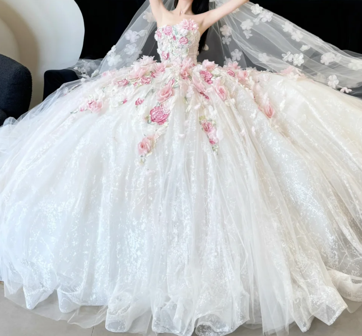 Ornate Strapless Pink Prom Dress Appliques Sequins A-Line Evening Dress GG6649