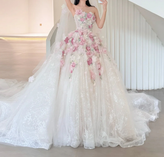 Ornate Strapless Pink Prom Dress Appliques Sequins A-Line Evening Dress GG6649