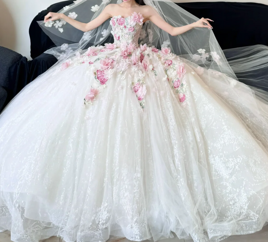 Ornate Strapless Pink Prom Dress Appliques Sequins A-Line Evening Dress GG6649