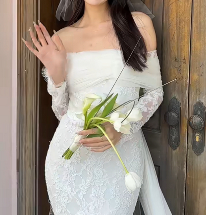 Fascinating Off-Shoulder Wedding Dress Long Sleeve Lace Mermaid Bridal Dress GG6652