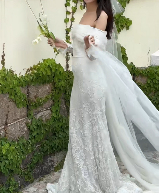 Fascinating Off-Shoulder Wedding Dress Long Sleeve Lace Mermaid Bridal Dress GG6652