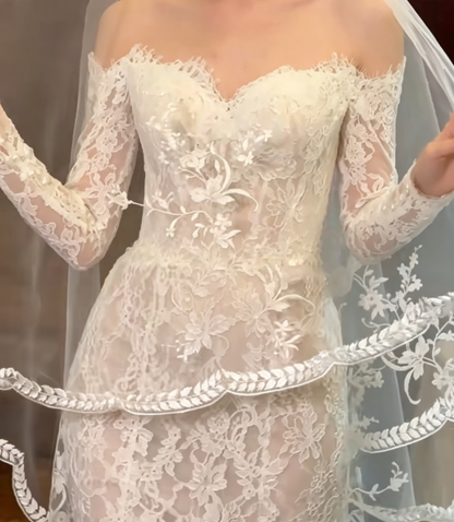 Chic Long Sleeve Lace Wedding Dress Off-Shoulder Mermaid Bridal Dress GG6653
