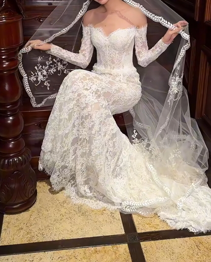 Chic Long Sleeve Lace Wedding Dress Off-Shoulder Mermaid Bridal Dress GG6653