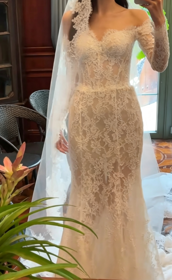 Chic Long Sleeve Lace Wedding Dress Off-Shoulder Mermaid Bridal Dress GG6653