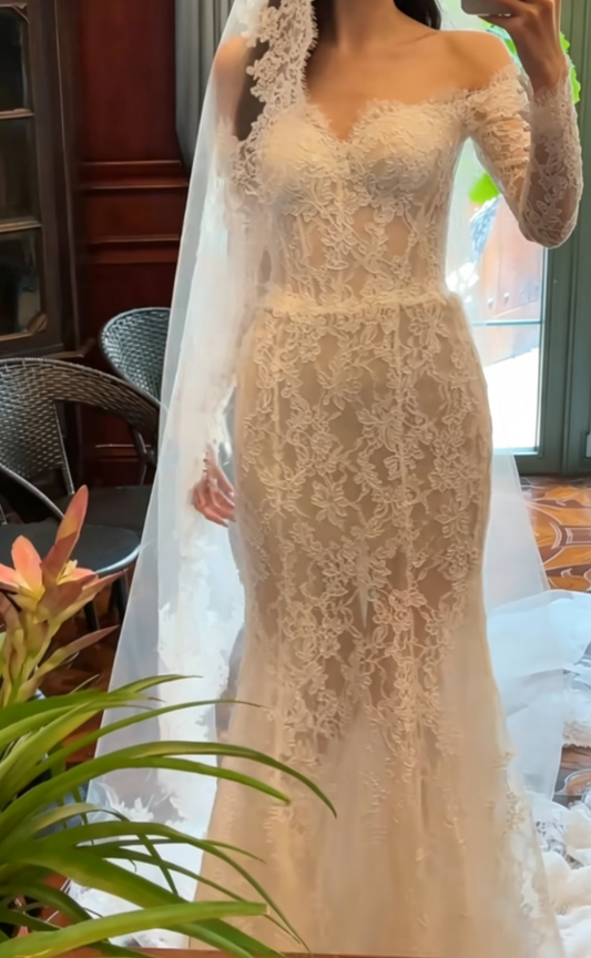 Chic Long Sleeve Lace Wedding Dress Off-Shoulder Mermaid Bridal Dress GG6653