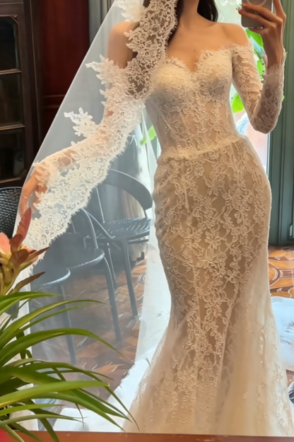 Chic Long Sleeve Lace Wedding Dress Off-Shoulder Mermaid Bridal Dress GG6653