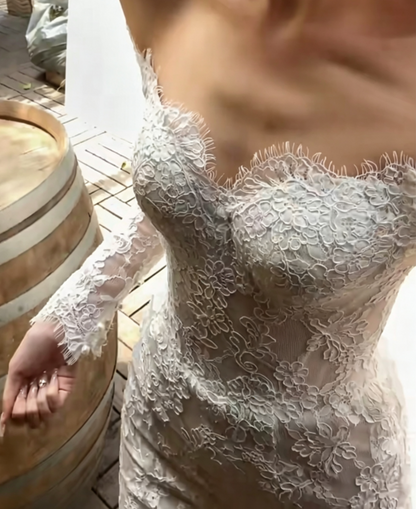 Chic Long Sleeve Lace Wedding Dress Off-Shoulder Mermaid Bridal Dress GG6653