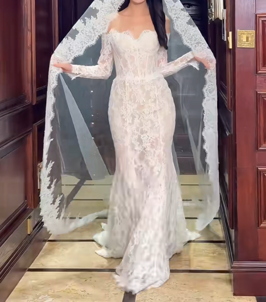 Chic Long Sleeve Lace Wedding Dress Off-Shoulder Mermaid Bridal Dress GG6653
