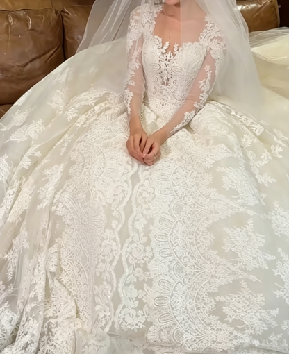 Attractive Square Neck Lace Wedding Dress Long Sleeve A-Line Bridal Dress GG6656