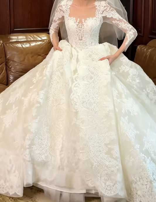 Attractive Square Neck Lace Wedding Dress Long Sleeve A-Line Bridal Dress GG6656