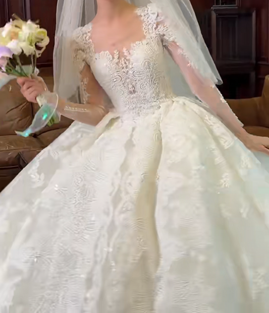 Attractive Square Neck Lace Wedding Dress Long Sleeve A-Line Bridal Dress GG6656
