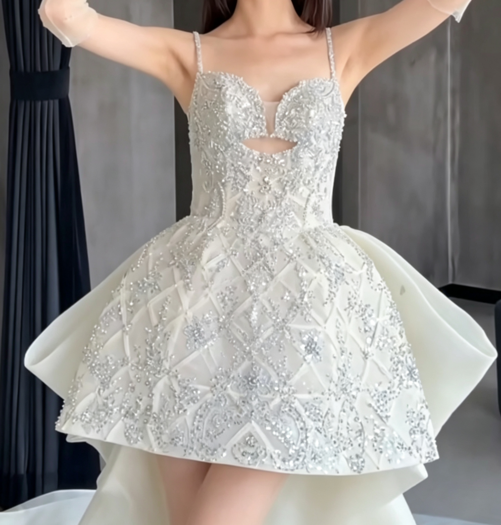 Glittering Spaghetti Straps Homecoming Dress Silver Beading A-Line Birthday Dress GG6657