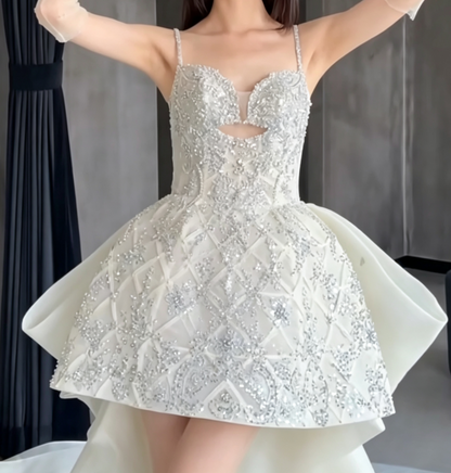 Glittering Spaghetti Straps Homecoming Dress Silver Beading A-Line Birthday Dress GG6657