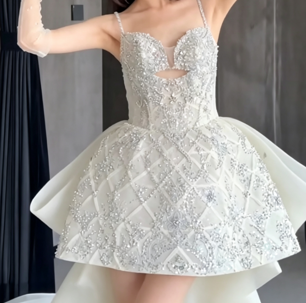Glittering Spaghetti Straps Homecoming Dress Silver Beading A-Line Birthday Dress GG6657