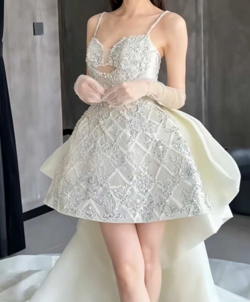 Glittering Spaghetti Straps Homecoming Dress Silver Beading A-Line Birthday Dress GG6657