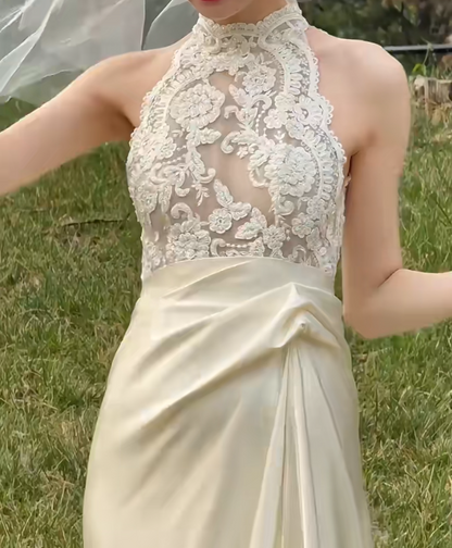 Trendy Halter Neck Wedding Dress Appliques Satin Mermiad Bridal Dress GG6659