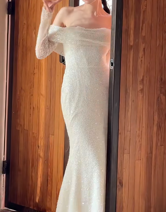 Ornate Off-Shoulder Wedding Dress Long Sleeve Sequins Mermaid Bridal Dress GG6662