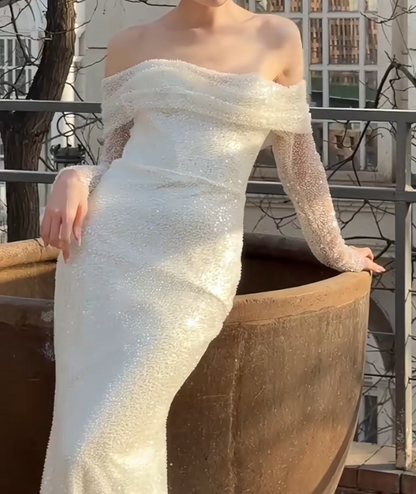 Ornate Off-Shoulder Wedding Dress Long Sleeve Sequins Mermaid Bridal Dress GG6662