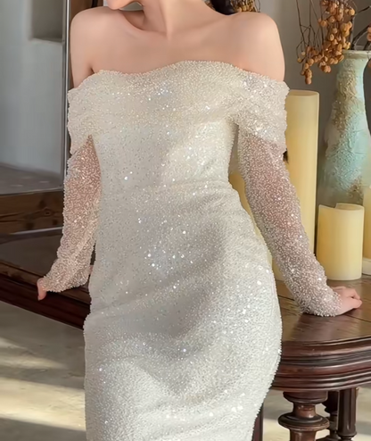 Ornate Off-Shoulder Wedding Dress Long Sleeve Sequins Mermaid Bridal Dress GG6662