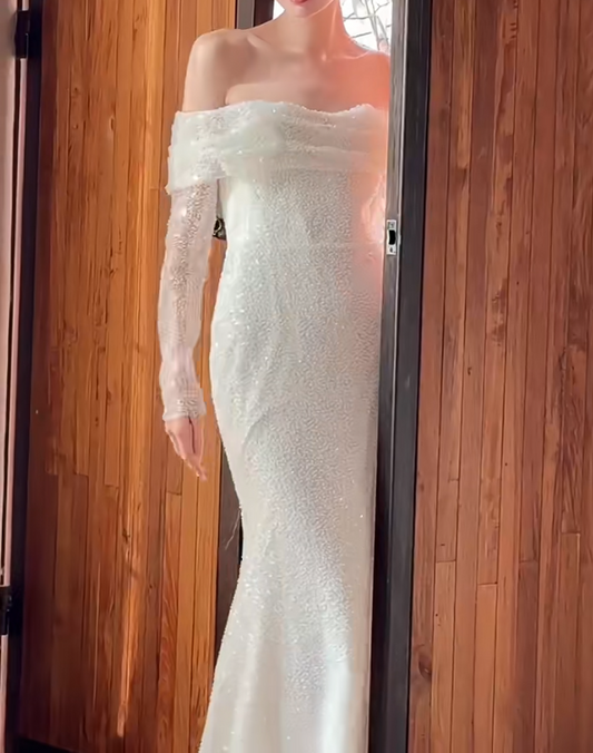 Ornate Off-Shoulder Wedding Dress Long Sleeve Sequins Mermaid Bridal Dress GG6662