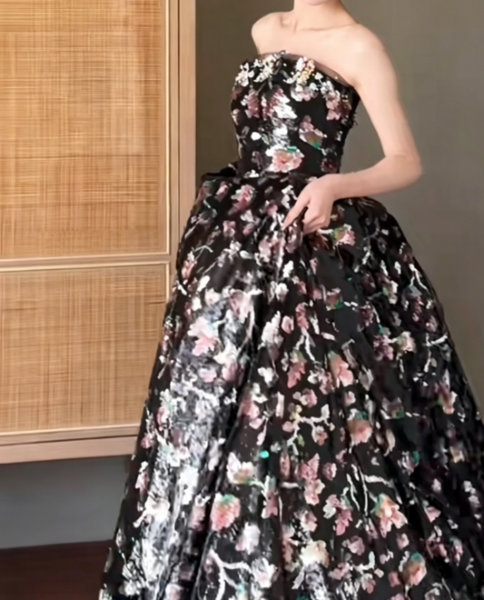 Sparkly Strapless Black Prom Dress Sequins A-Line Evening Dress GG6663