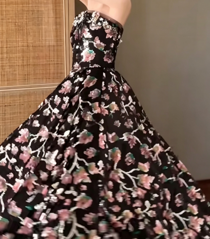 Sparkly Strapless Black Prom Dress Sequins A-Line Evening Dress GG6663