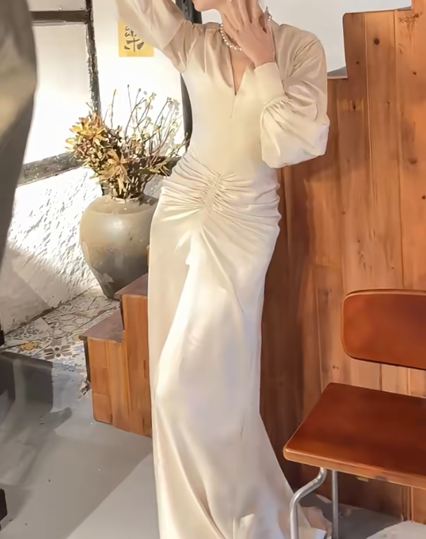 Simple V Neck Prom Dress Long Sleeve Ruched A-Line Evening Dress GG6664
