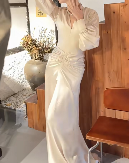 Simple V Neck Prom Dress Long Sleeve Ruched A-Line Evening Dress GG6664