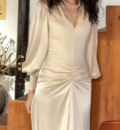 Simple V Neck Prom Dress Long Sleeve Ruched A-Line Evening Dress GG6664