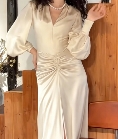 Simple V Neck Prom Dress Long Sleeve Ruched A-Line Evening Dress GG6664
