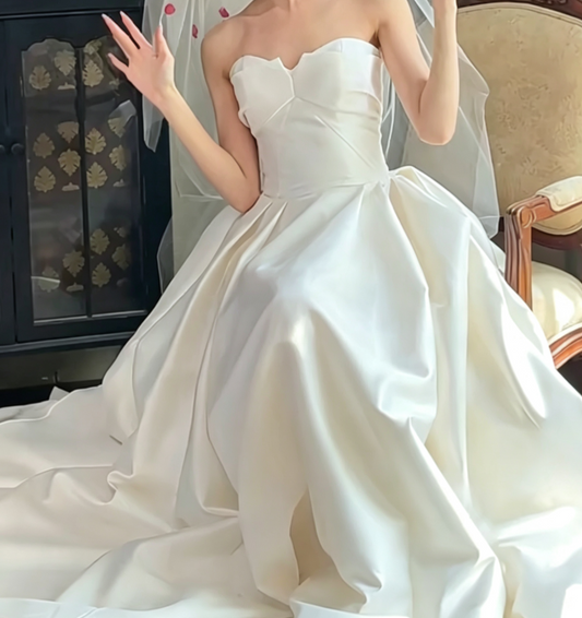 Ornate Strapless Wedding Dress Satin A-Line Bridal Dress GG6665