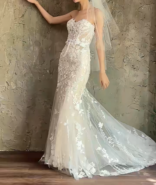 Ornate Strapless Sequins Wedding Dress Appliques Mermiad Bridal Dress GG6666