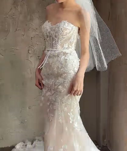 Ornate Strapless Sequins Wedding Dress Appliques Mermiad Bridal Dress GG6666