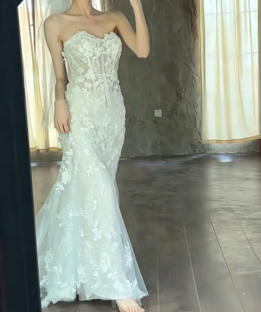 Ornate Strapless Sequins Wedding Dress Appliques Mermiad Bridal Dress GG6666