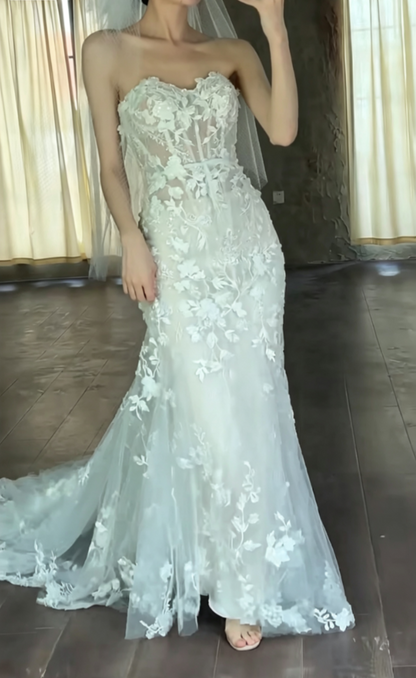 Ornate Strapless Sequins Wedding Dress Appliques Mermiad Bridal Dress GG6666