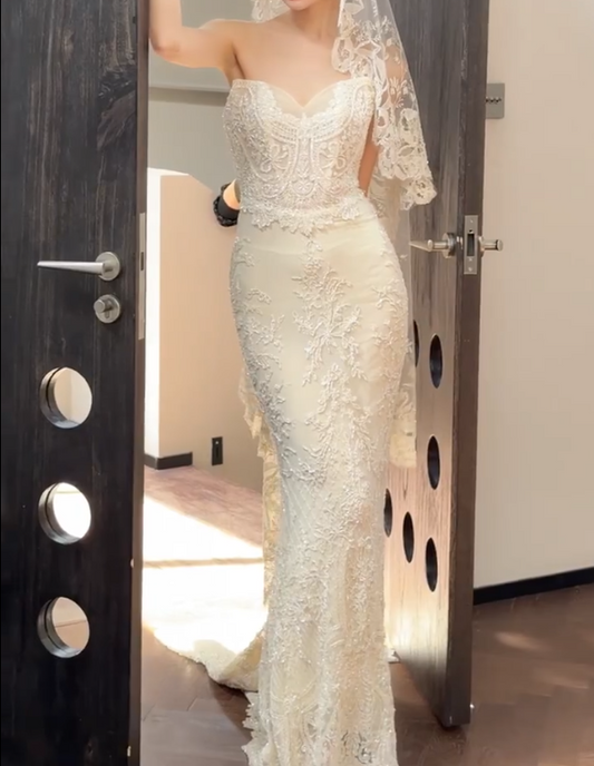Trendy Strapless Wedding Dress Beaded Mermiad Bridal Dress GG6671