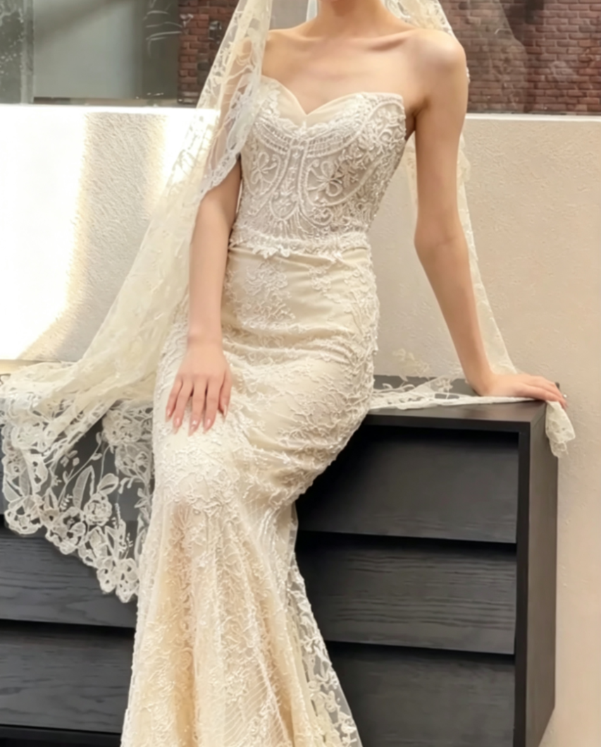 Trendy Strapless Wedding Dress Beaded Mermiad Bridal Dress GG6671